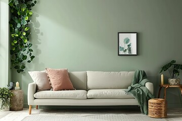 Minimalist Living Room with Green Accents and a Cozy Sofa