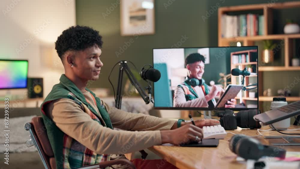 Poster Man, home and computer for editing content creation, post production and video clip on screen for online distribution. Male person, pc and software for creative process, upload and social media.