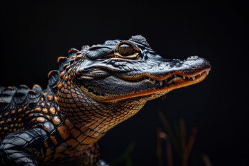 Fototapeta premium Mystic portrait of American Alligator, full body view, isolated on black background