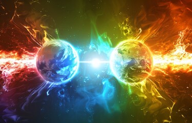 Obraz premium Black background depicts two proton particles colliding in color.