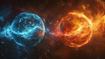 Obraz premium On a black background, a colorful depiction of two proton particles colliding.