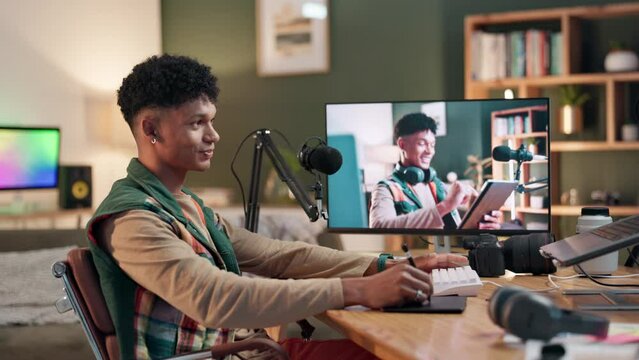 Man, home and computer for editing content creation, post production and video clip on screen for online distribution. Male person, pc and software for creative process, upload and social media.