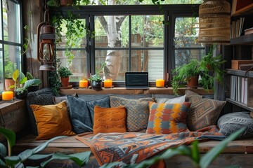 Cozy Window Seat With Plants and Pillows
