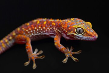 Naklejka premium Mystic portrait of Common House Gecko, full body view, isolated on black background