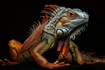 Fototapeta premium Mystic portrait of Green Iguana, full body view, isolated on black background