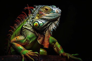 Obraz premium Mystic portrait of Green Iguana, full body view, isolated on black background