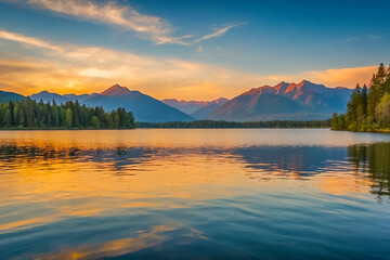 Beautiful landscape in sunset time. Mountains reflected in lake water