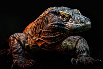 Obraz premium Mystic portrait of Komodo Dragon, full body view, isolated on black background