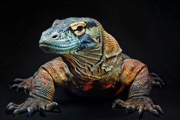 Obraz premium Mystic portrait of Komodo Dragon, full body view, isolated on black background