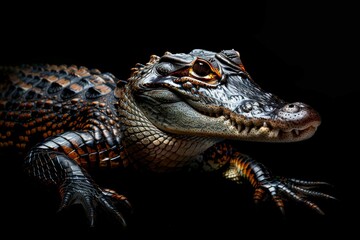 Obraz premium Mystic portrait of Nile Crocodile, full body view, isolated on black background