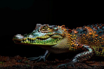 Fototapeta premium Mystic portrait of Saltwater Crocodile, full body view, full body shot, isolated on black background