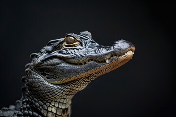 Fototapeta premium the beside view American Alligator, left side view, white copy space on right, isolated on black background