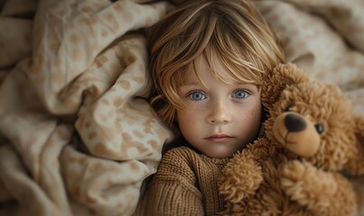 Child with a teddy bear, looking cuddly