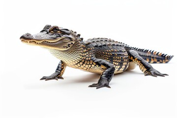 Naklejka premium the beside view American Alligator, left side view, white copy space on right, dutch angle view, isolated on white background