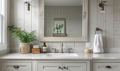 Serene bathroom with an empty frame above the vanity