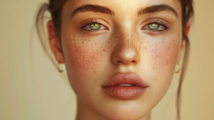 Freckled woman with glowing skin close-up portrait