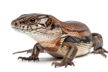 Obraz premium the beside view Blue-tongued Skink, left side view, white copy space on right, dutch angle view, isolated on white background