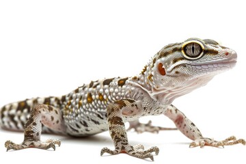 Fototapeta premium the beside view Common House Gecko, left side view, white copy space on right, dutch angle view, isolated on white background