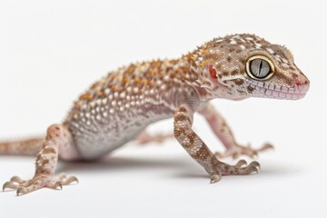 Naklejka premium the beside view Common House Gecko, left side view, white copy space on right, dutch angle view, isolated on white background