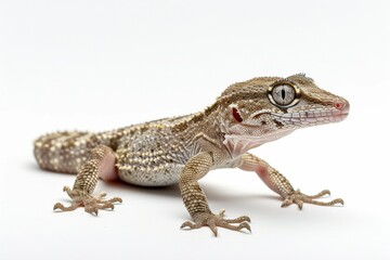 Fototapeta premium the beside view Common House Gecko, left side view, white copy space on right, dutch angle view, isolated on white background