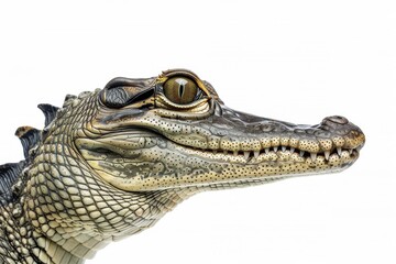 Fototapeta premium the beside view Gharial, left side view, white copy space on right, dutch angle view, isolated on white background