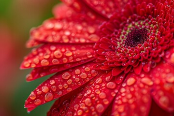 Vibrant red gerbera daisy with water droplets. Extreme close-up shows intricate petal details and dewdrops glistening in the light.