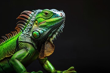 Obraz premium the beside view Green Iguana, left side view, white copy space on right, isolated on black background
