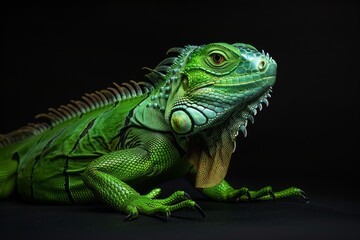 Fototapeta premium the beside view Green Iguana, left side view, white copy space on right, isolated on black background