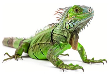 Obraz premium the beside view Green Iguana, left side view, white copy space on right, dutch angle view, isolated on white background