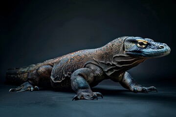 Fototapeta premium the beside view Komodo Dragon, left side view, white copy space on right, isolated on black background