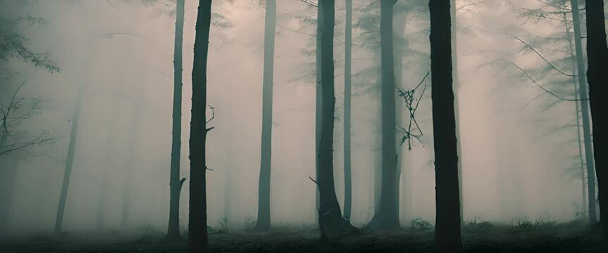 Scary dark forest at night foggy with heavy rain