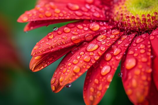 A vibrant red gerbera daisy with water droplets on its petals, captured in stunning macro detail against a soft green background. - Powered by Adobe