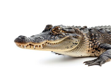 Obraz premium the beside view Nile Crocodile, left side view, white copy space on right, dutch angle view, isolated on white background