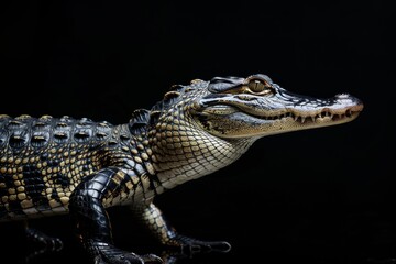Fototapeta premium the beside view Nile Crocodile, left side view, white copy space on right, isolated on black background