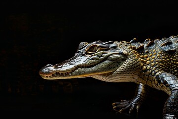 Obraz premium the beside view Nile Crocodile, left side view, white copy space on right, isolated on black background
