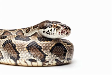 Obraz premium the beside view Python, left side view, white copy space on right, dutch angle view, isolated on white background