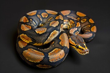 Fototapeta premium the beside view Python, left side view, white copy space on right, isolated on black background