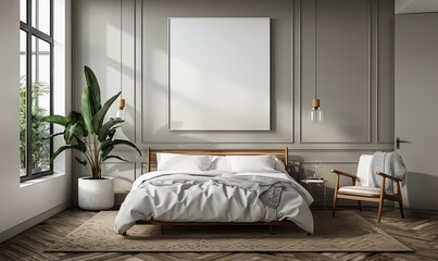 Serene bedroom with a blank canvas on the wall