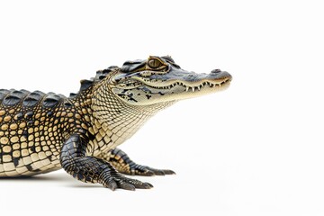 Fototapeta premium the beside view Saltwater Crocodile, left side view, white copy space on right, dutch angle view, isolated on white background