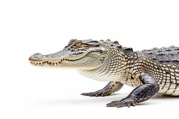 Obraz premium the beside view Saltwater Crocodile, left side view, white copy space on right, dutch angle view, isolated on white background