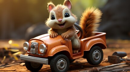 Cute Animated Squirrel Driving Orange Toy Truck in Nature. Perfect for Children's Books, Animation, and Cartoons.