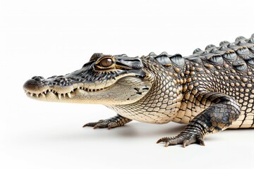 Fototapeta premium the beside view Saltwater Crocodile, left side view, white copy space on right, dutch angle view, isolated on white background