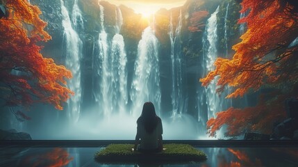 Iceland's majestic waterfalls glistening in the sundown against a cloudy seashore backdrop