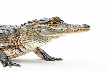 Naklejka premium the beside view Saltwater Crocodile, left side view, white copy space on right, dutch angle view, isolated on white background