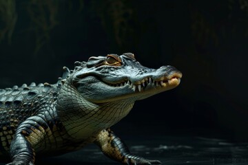Fototapeta premium the beside view Saltwater Crocodile, left side view, white copy space on right, isolated on black background