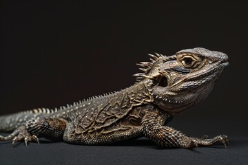 Obraz premium the beside view Tuatara, left side view, white copy space on right, isolated on black background