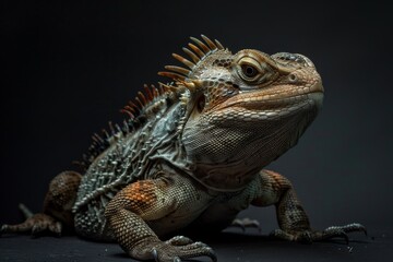 the beside view Tuatara, left side view, white copy space on right, isolated on black background