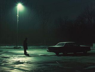 A person in a dark coat stands under a dim streetlight in a deserted parking lot at night. The ground is wet, and a car is parked nearby.