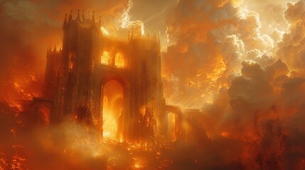 Fototapeta premium Digital illustration of a dark fantasy castle in sepia, created using generative AI