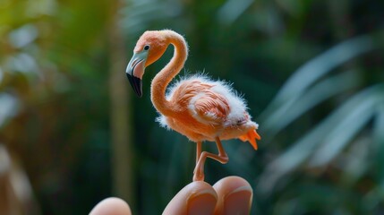 Fototapeta premium Delicate miniature flamingo figurine standing on smooth pink surface. Intricate details visible in feathers and legs. Blurred natural background creates depth.